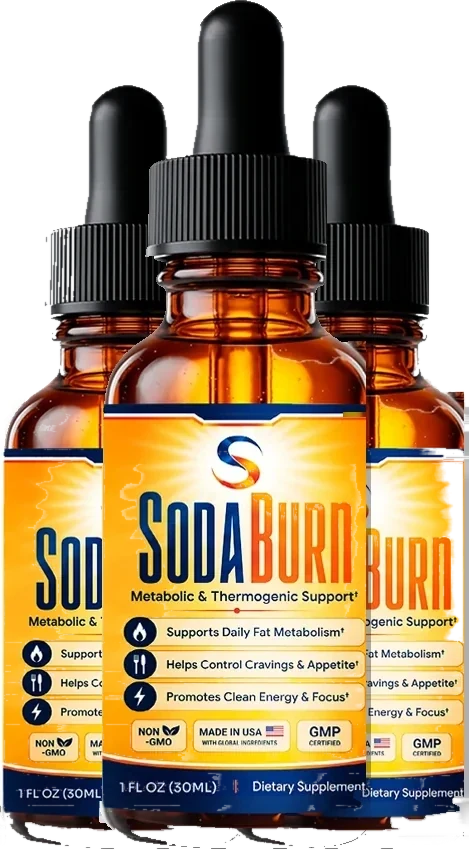 Three SodaBurn amber glass dropper bottles with gold and navy labels