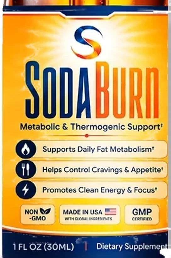The front of the SodaBurn label, enlarged from the supplied bottle image: the S mark and wordmark, Metabolic & Thermogenic Support, three claim rows, three marks and the size band